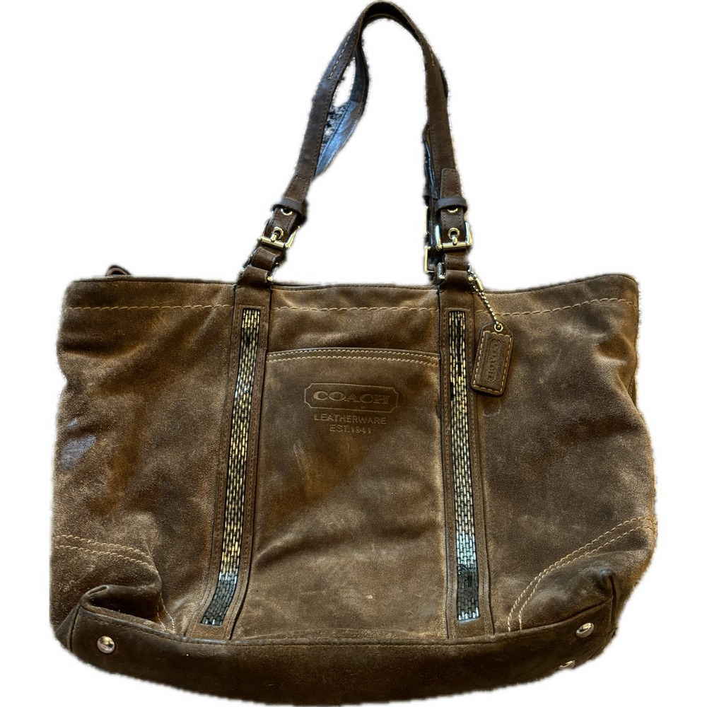 Coach Loden Brown Suede Tote Bag Metallic Leather Trim Beaded 8B31 Womens